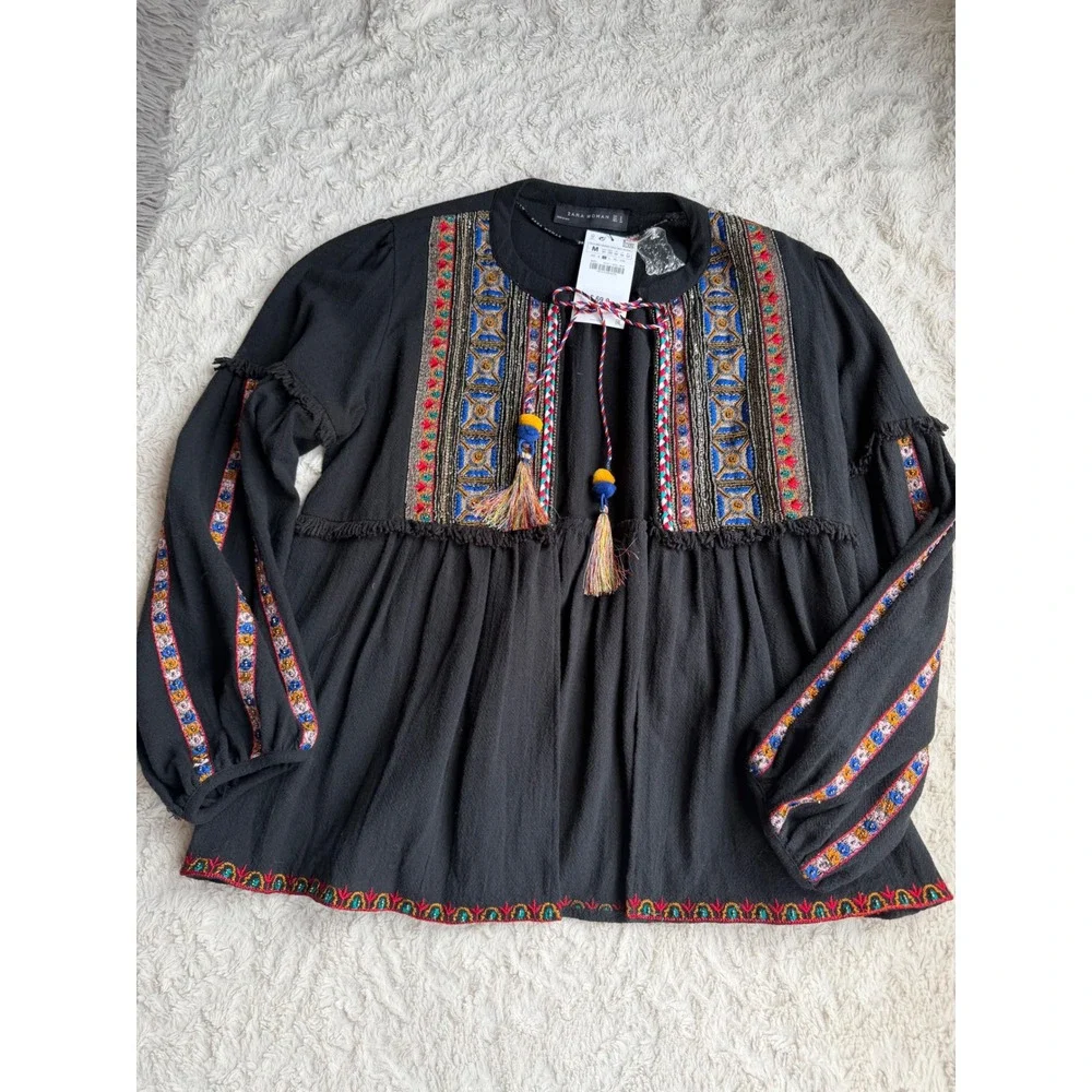 New Zara Beaded Folk Embroidered Tassel‎ Boho Blouse Balloon Sleeve Top NWT M